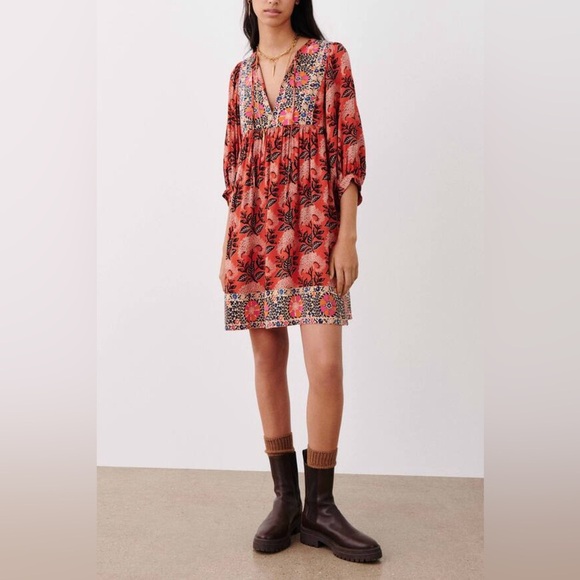 Ba&sh Dress Women's 0 Orange Multi Floral 3/4 Sleeve V-Neck Cottage Core NWT - Picture 1 of 8